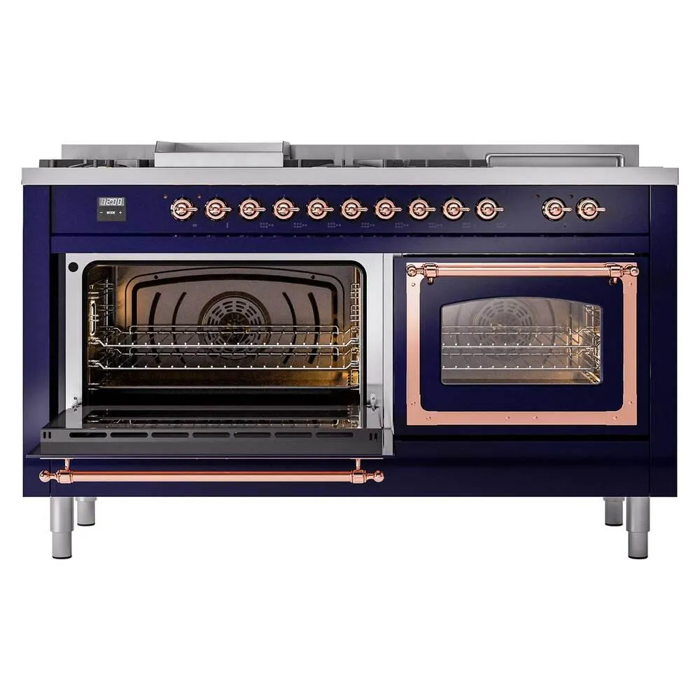 Ilve UN60FSNMPMBPLP Ilve Un60Fsnmpmbplp Nostalgie Ii Noblesse 60" Dual Fuel Range (7 Sealed Burners   Griddle   French Top, Liquid Propane, Triple Glass Door, Midnight Blue, Copper)