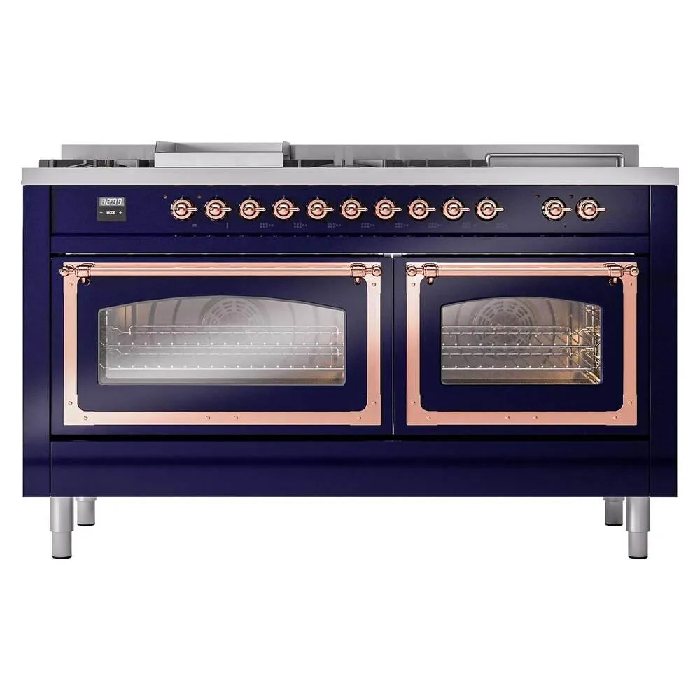 Ilve UN60FSNMPMBPLP Ilve Un60Fsnmpmbplp Nostalgie Ii Noblesse 60" Dual Fuel Range (7 Sealed Burners   Griddle   French Top, Liquid Propane, Triple Glass Door, Midnight Blue, Copper)