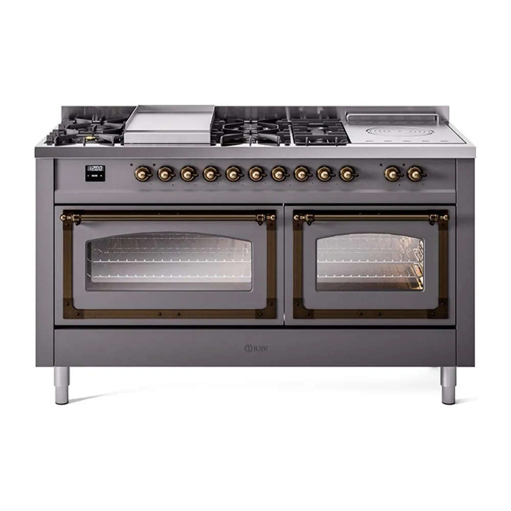 Ilve UN60FSNMPMGBLP Ilve Un60Fsnmpmgblp Nostalgie Ii Noblesse 60" Dual Fuel Range (7 Sealed Burners   Griddle   French Top, Liquid Propane, Triple Glass Door, Graphite Matte, Burnished) Professional Ranges dual fuel professional range 36 inch