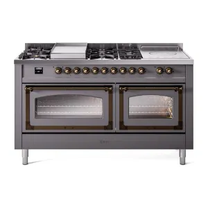 Ilve UN60FSNMPMGBLP Ilve Un60Fsnmpmgblp Nostalgie Ii Noblesse 60" Dual Fuel Range (7 Sealed Burners   Griddle   French Top, Liquid Propane, Triple Glass Door, Graphite Matte, Burnished) Professional Ranges dual fuel professional range 36 inch