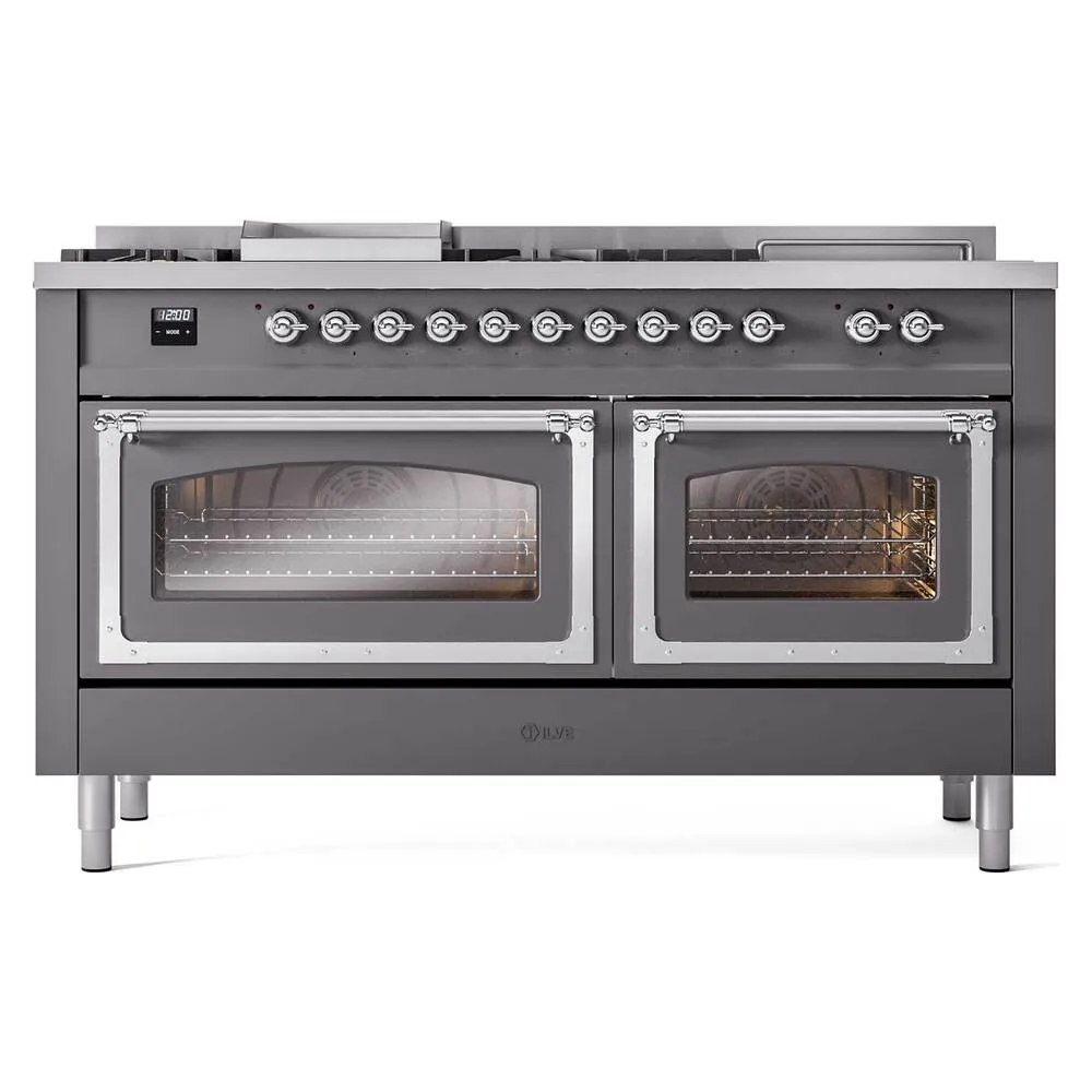 Ilve UN60FSNMPMGCLP Ilve Un60Fsnmpmgclp Nostalgie Ii Noblesse 60" Dual Fuel Range (7 Sealed Burners   Griddle   French Top, Liquid Propane, Triple Glass Door, Graphite Matte, Chrome)