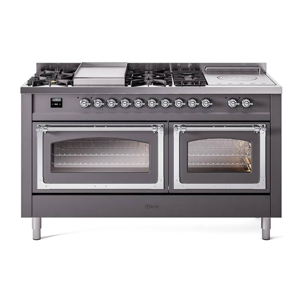Ilve UN60FSNMPMGCLP Ilve Un60Fsnmpmgclp Nostalgie Ii Noblesse 60" Dual Fuel Range (7 Sealed Burners   Griddle   French Top, Liquid Propane, Triple Glass Door, Graphite Matte, Chrome) Professional Ranges dual fuel professional range 36 inch