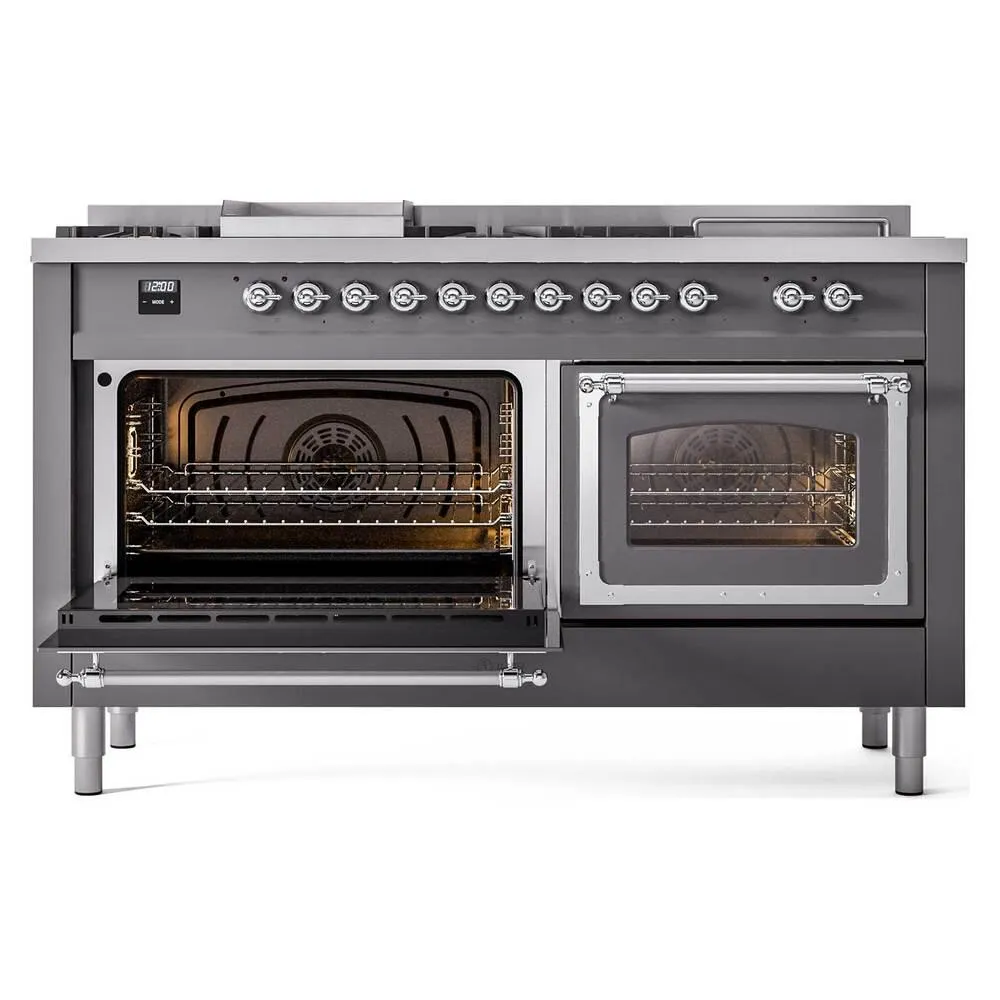 Ilve UN60FSNMPMGCLP Ilve Un60Fsnmpmgclp Nostalgie Ii Noblesse 60" Dual Fuel Range (7 Sealed Burners   Griddle   French Top, Liquid Propane, Triple Glass Door, Graphite Matte, Chrome)