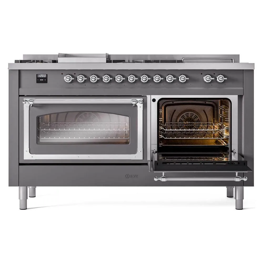 Ilve UN60FSNMPMGCLP Ilve Un60Fsnmpmgclp Nostalgie Ii Noblesse 60" Dual Fuel Range (7 Sealed Burners   Griddle   French Top, Liquid Propane, Triple Glass Door, Graphite Matte, Chrome)