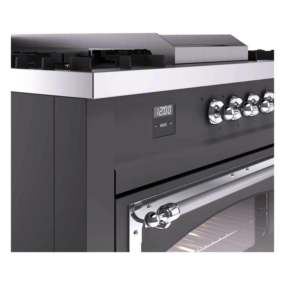 Ilve UN60FSNMPMGCLP Ilve Un60Fsnmpmgclp Nostalgie Ii Noblesse 60" Dual Fuel Range (7 Sealed Burners   Griddle   French Top, Liquid Propane, Triple Glass Door, Graphite Matte, Chrome)