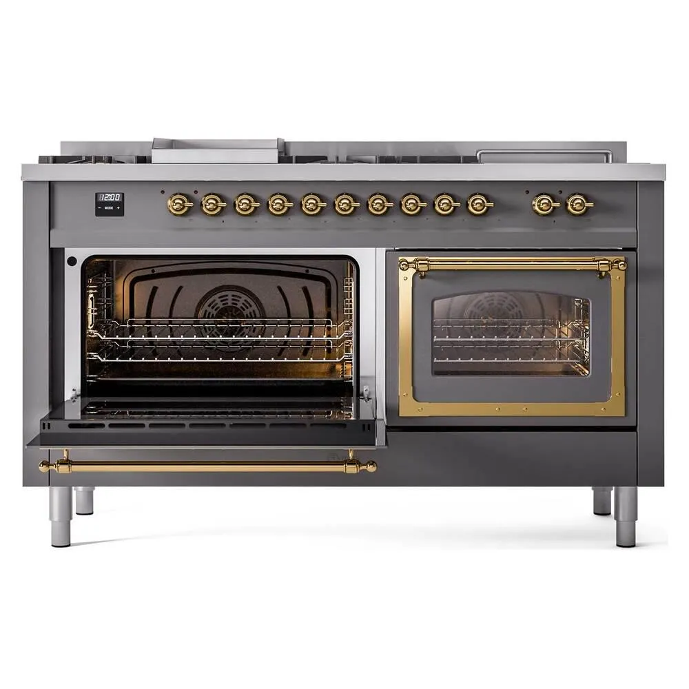Ilve UN60FSNMPMGGLP Ilve Un60Fsnmpmgglp Nostalgie Ii Noblesse 60" Dual Fuel Range (7 Sealed Burners   Griddle   French Top, Liquid Propane, Triple Glass Door, Graphite Matte, Brass)