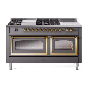 Ilve UN60FSNMPMGGLP Ilve Un60Fsnmpmgglp Nostalgie Ii Noblesse 60" Dual Fuel Range (7 Sealed Burners   Griddle   French Top, Liquid Propane, Triple Glass Door, Graphite Matte, Brass) Professional Ranges dual fuel professional range 36 inch