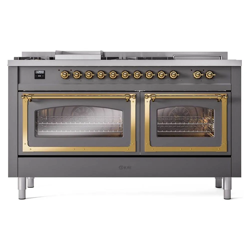Ilve UN60FSNMPMGGLP Ilve Un60Fsnmpmgglp Nostalgie Ii Noblesse 60" Dual Fuel Range (7 Sealed Burners   Griddle   French Top, Liquid Propane, Triple Glass Door, Graphite Matte, Brass)