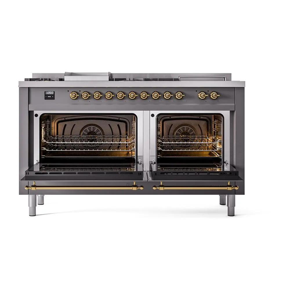 Ilve UN60FSNMPMGGLP Ilve Un60Fsnmpmgglp Nostalgie Ii Noblesse 60" Dual Fuel Range (7 Sealed Burners   Griddle   French Top, Liquid Propane, Triple Glass Door, Graphite Matte, Brass)