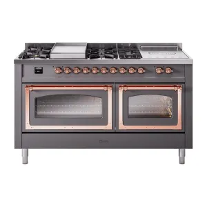 Ilve UN60FSNMPMGP Ilve Un60Fsnmpmgp Nostalgie Ii Noblesse 60" Dual Fuel Range (7 Sealed Burners   Griddle   French Top, Natural Gas, Triple Glass Door, Graphite Matte, Copper) Professional Ranges dual fuel professional range 36 inch