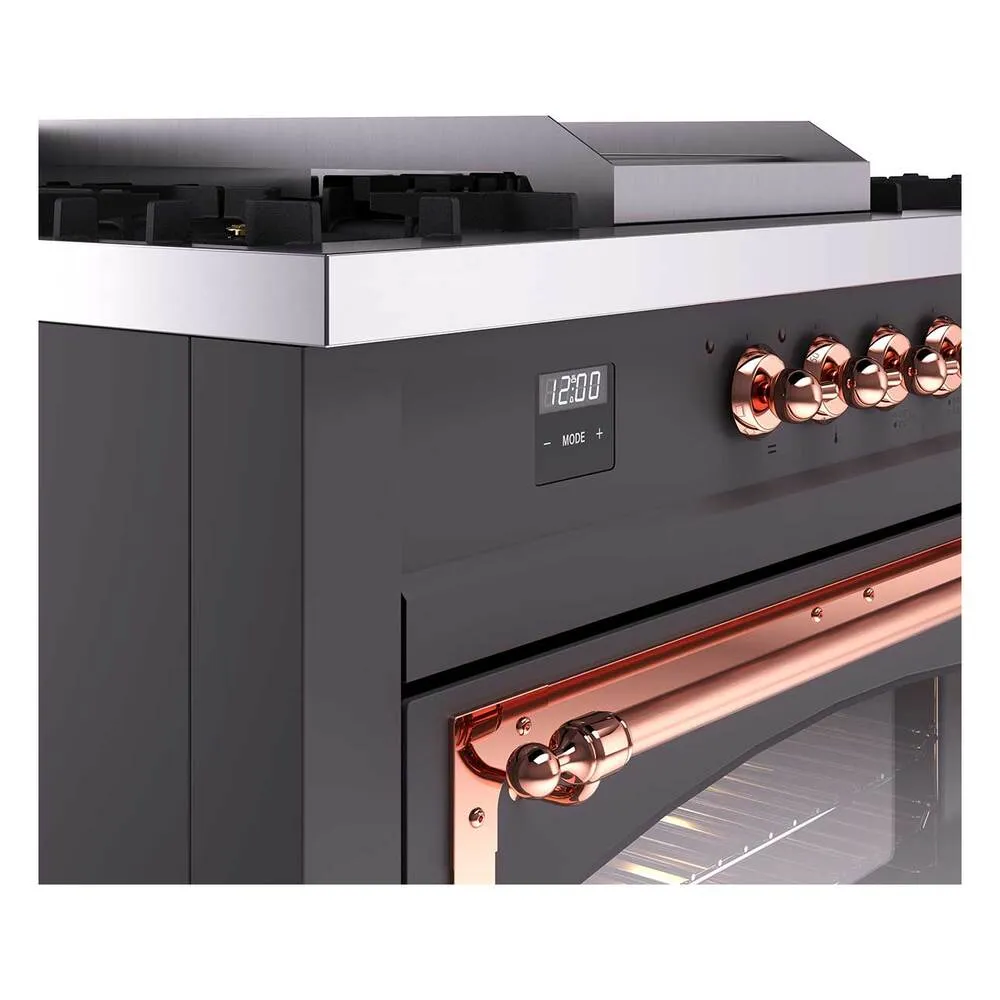 Ilve UN60FSNMPMGPLP Ilve Un60Fsnmpmgplp Nostalgie Ii Noblesse 60" Dual Fuel Range (7 Sealed Burners   Griddle   French Top, Liquid Propane, Triple Glass Door, Graphite Matte, Copper)