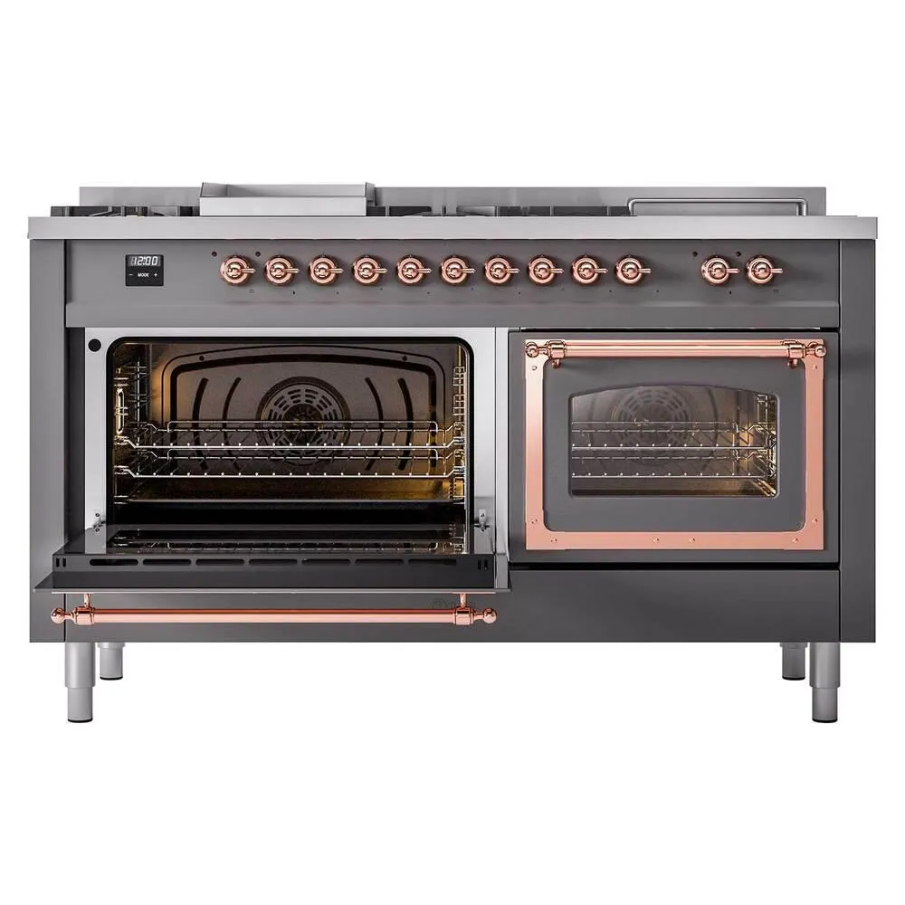 Ilve UN60FSNMPMGPLP Ilve Un60Fsnmpmgplp Nostalgie Ii Noblesse 60" Dual Fuel Range (7 Sealed Burners   Griddle   French Top, Liquid Propane, Triple Glass Door, Graphite Matte, Copper)