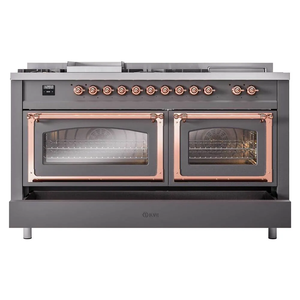 Ilve UN60FSNMPMGPLP Ilve Un60Fsnmpmgplp Nostalgie Ii Noblesse 60" Dual Fuel Range (7 Sealed Burners   Griddle   French Top, Liquid Propane, Triple Glass Door, Graphite Matte, Copper)
