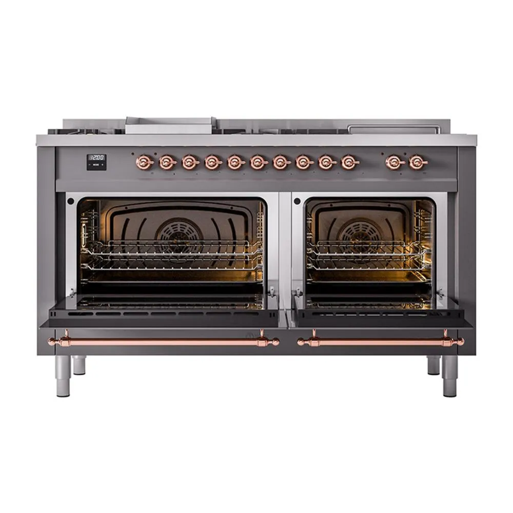Ilve UN60FSNMPMGPLP Ilve Un60Fsnmpmgplp Nostalgie Ii Noblesse 60" Dual Fuel Range (7 Sealed Burners   Griddle   French Top, Liquid Propane, Triple Glass Door, Graphite Matte, Copper)