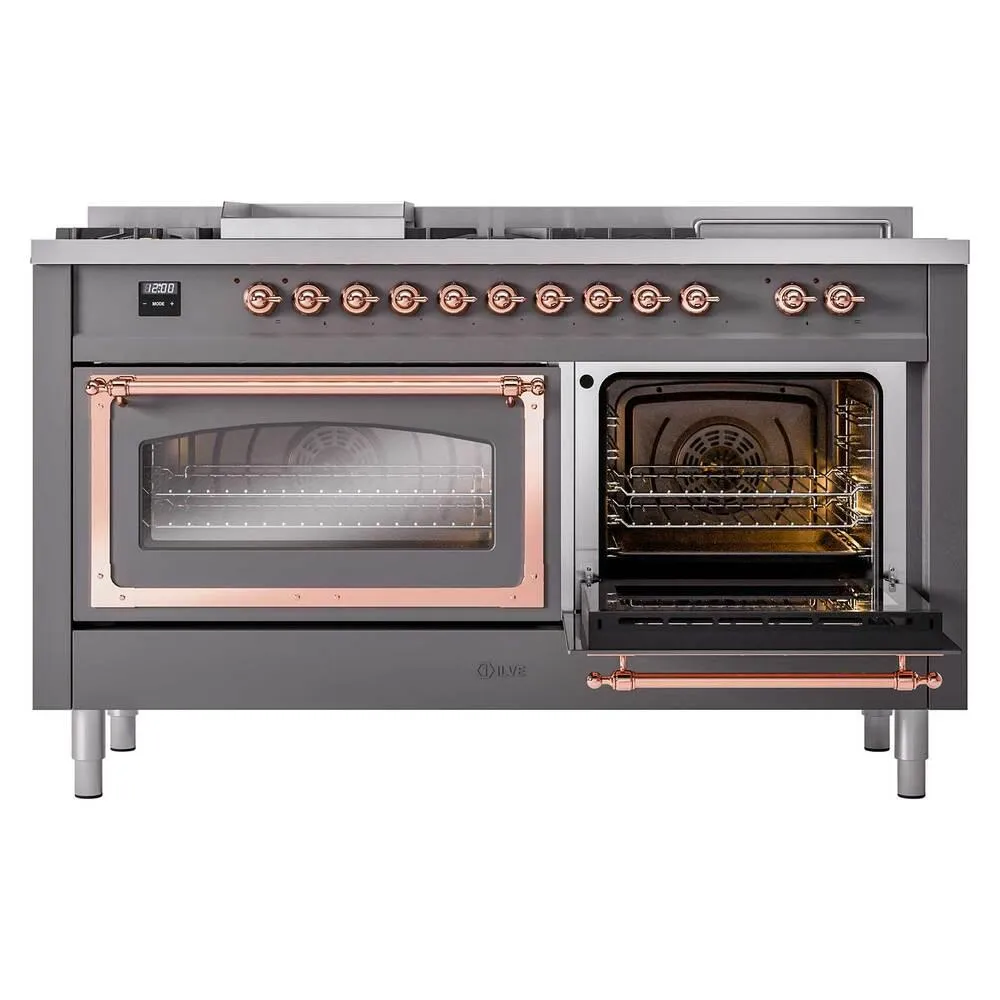 Ilve UN60FSNMPMGPLP Ilve Un60Fsnmpmgplp Nostalgie Ii Noblesse 60" Dual Fuel Range (7 Sealed Burners   Griddle   French Top, Liquid Propane, Triple Glass Door, Graphite Matte, Copper)