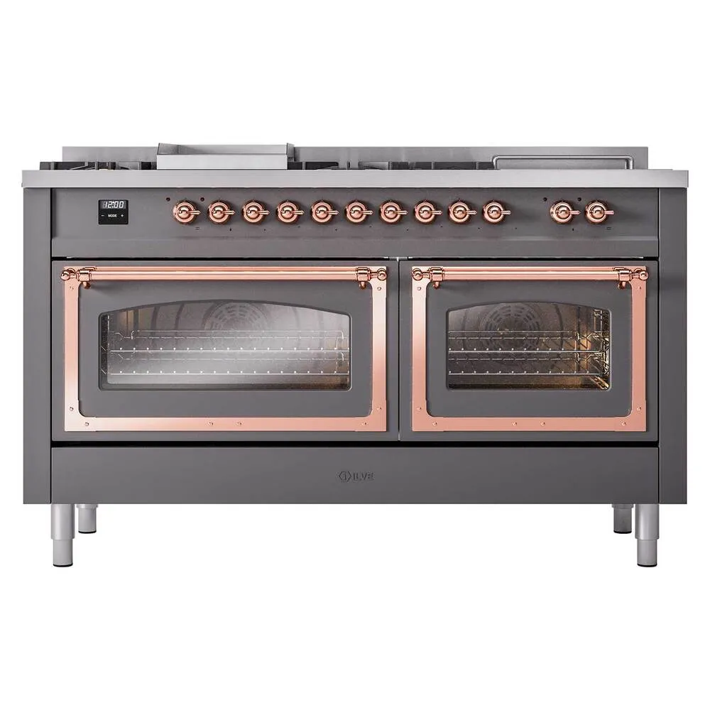 Ilve UN60FSNMPMGPLP Ilve Un60Fsnmpmgplp Nostalgie Ii Noblesse 60" Dual Fuel Range (7 Sealed Burners   Griddle   French Top, Liquid Propane, Triple Glass Door, Graphite Matte, Copper)