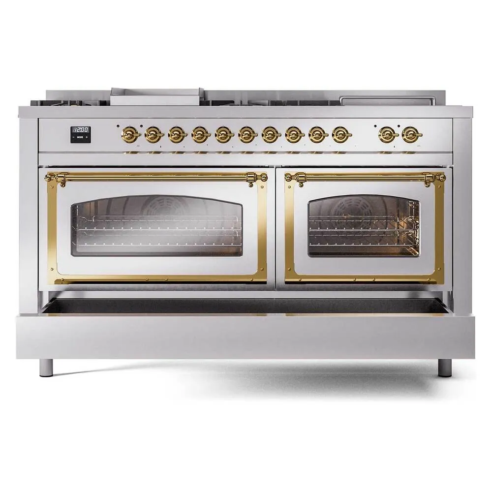Ilve UN60FSNMPRAG Ilve Un60Fsnmprag Nostalgie Ii Noblesse 60" Dual Fuel Range (7 Sealed Burners   Griddle   French Top, Natural Gas, Triple Glass Door, Ral, Brass)