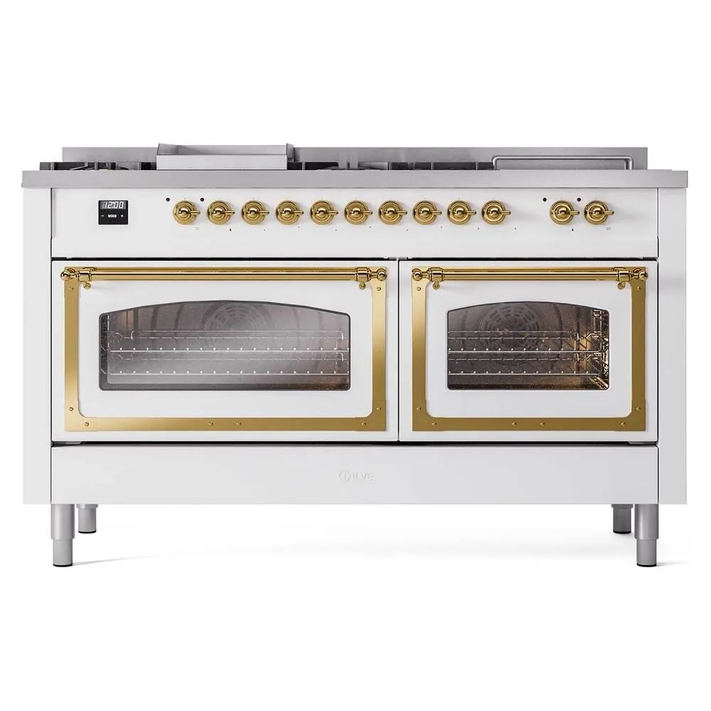 Ilve UN60FSNMPRAG Ilve Un60Fsnmprag Nostalgie Ii Noblesse 60" Dual Fuel Range (7 Sealed Burners   Griddle   French Top, Natural Gas, Triple Glass Door, Ral, Brass)