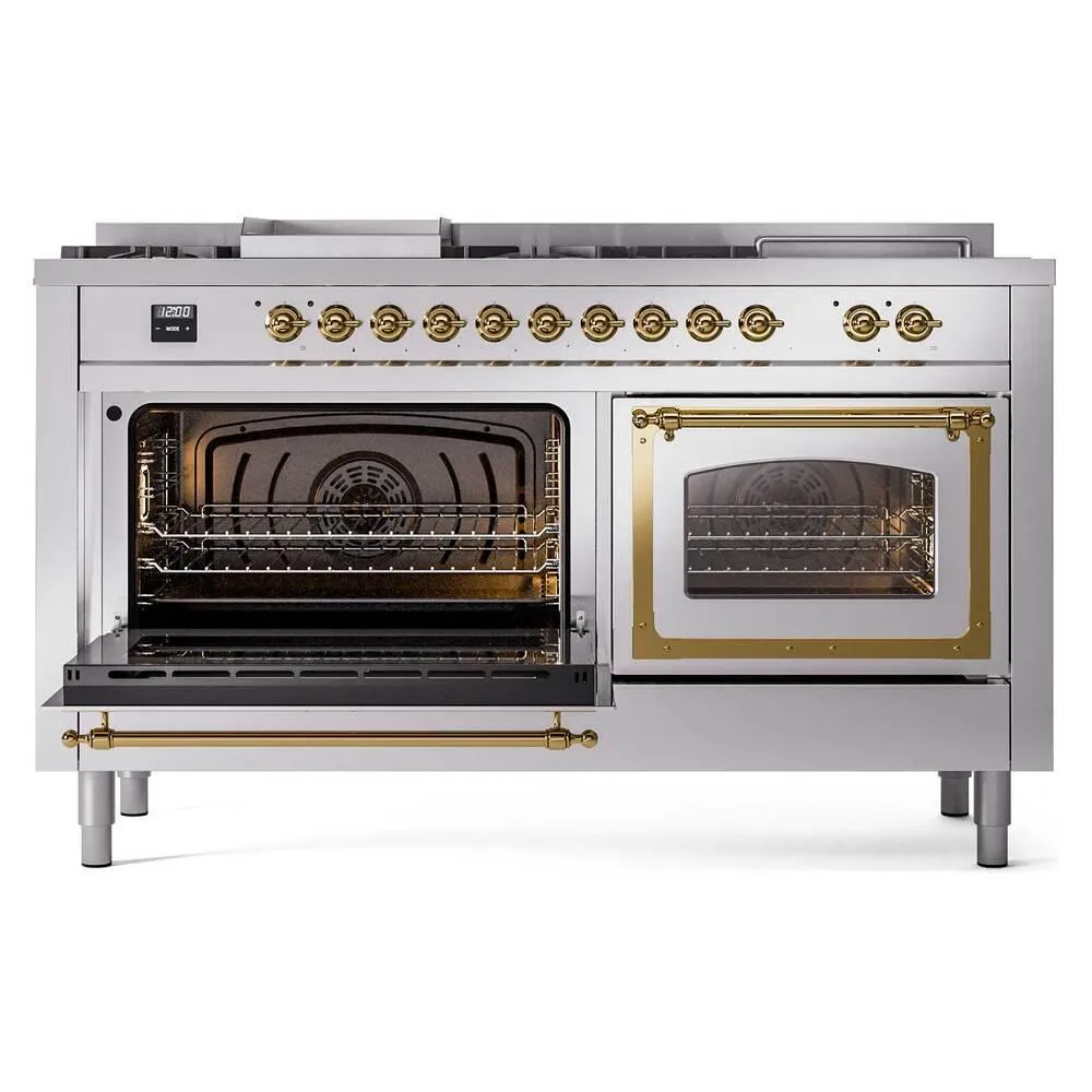 Ilve UN60FSNMPRAG Ilve Un60Fsnmprag Nostalgie Ii Noblesse 60" Dual Fuel Range (7 Sealed Burners   Griddle   French Top, Natural Gas, Triple Glass Door, Ral, Brass)
