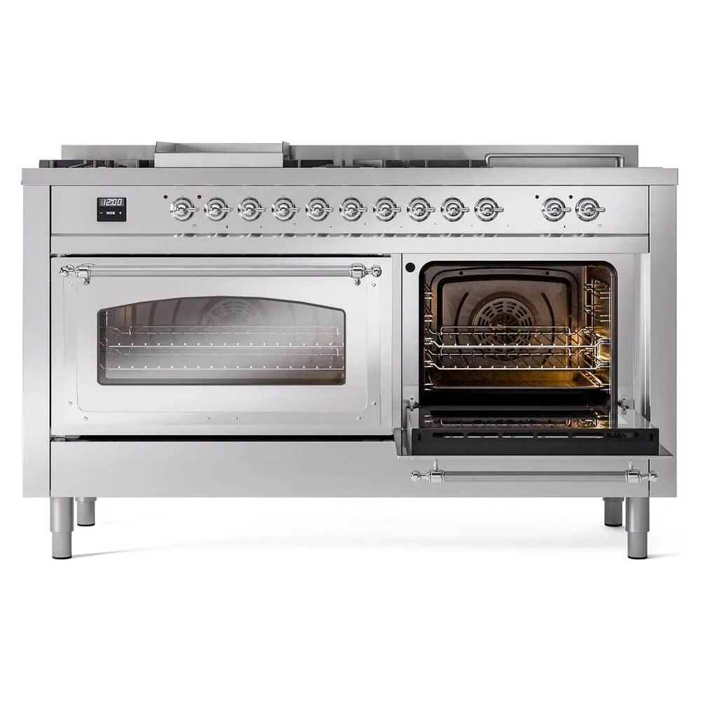 Ilve UN60FSNMPSSCLP Ilve Un60Fsnmpssclp Nostalgie Ii Noblesse 60" Dual Fuel Range (7 Sealed Burners   Griddle   French Top, Liquid Propane, Triple Glass Door, Stainless Steel, Chrome)