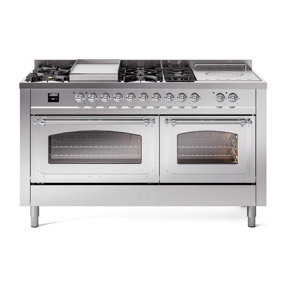 Ilve UN60FSNMPSSCLP Ilve Un60Fsnmpssclp Nostalgie Ii Noblesse 60" Dual Fuel Range (7 Sealed Burners   Griddle   French Top, Liquid Propane, Triple Glass Door, Stainless Steel, Chrome) Professional Ranges dual fuel professional range 36 inch