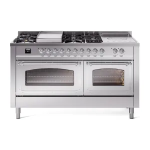 Ilve UN60FSNMPSSCLP Ilve Un60Fsnmpssclp Nostalgie Ii Noblesse 60" Dual Fuel Range (7 Sealed Burners   Griddle   French Top, Liquid Propane, Triple Glass Door, Stainless Steel, Chrome) Professional Ranges dual fuel professional range 36 inch