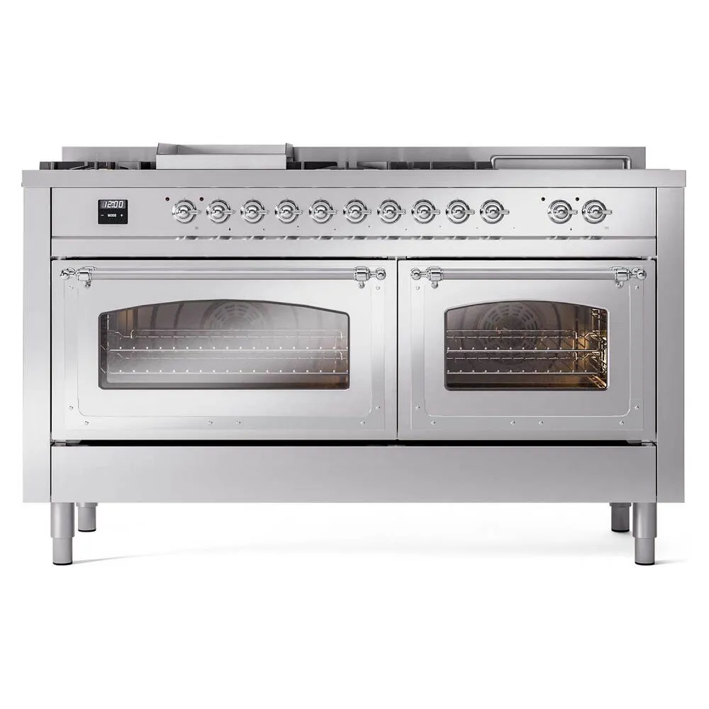 Ilve UN60FSNMPSSCLP Ilve Un60Fsnmpssclp Nostalgie Ii Noblesse 60" Dual Fuel Range (7 Sealed Burners   Griddle   French Top, Liquid Propane, Triple Glass Door, Stainless Steel, Chrome)