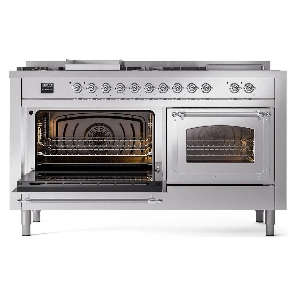 Ilve UN60FSNMPSSCLP Ilve Un60Fsnmpssclp Nostalgie Ii Noblesse 60" Dual Fuel Range (7 Sealed Burners   Griddle   French Top, Liquid Propane, Triple Glass Door, Stainless Steel, Chrome)
