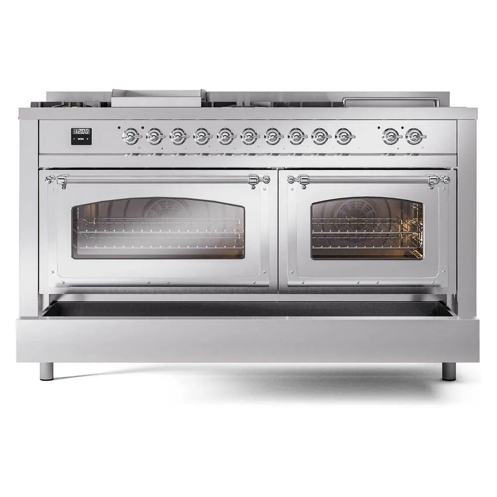 Ilve UN60FSNMPSSCLP Ilve Un60Fsnmpssclp Nostalgie Ii Noblesse 60" Dual Fuel Range (7 Sealed Burners   Griddle   French Top, Liquid Propane, Triple Glass Door, Stainless Steel, Chrome)