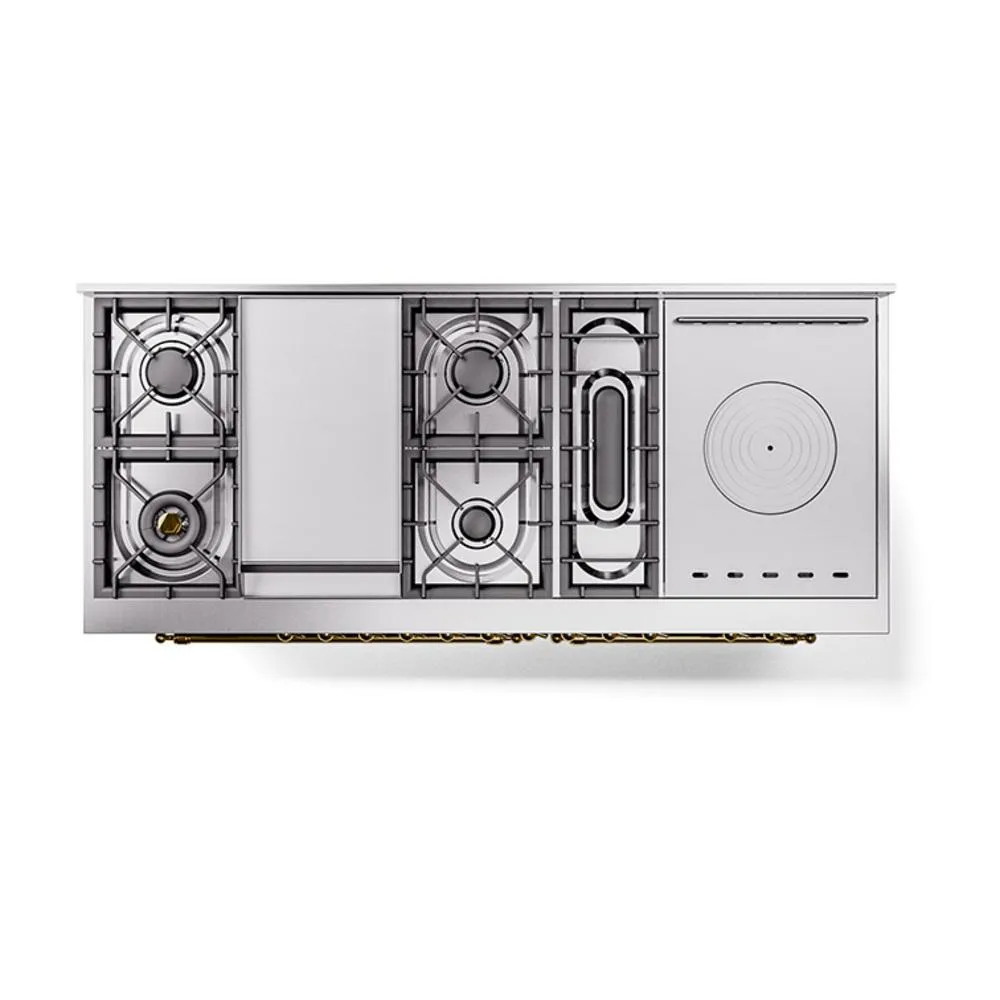 Ilve UN60FSNMPSSGLP Ilve Un60Fsnmpssglp Nostalgie Ii Noblesse 60" Dual Fuel Range (7 Sealed Burners   Griddle   French Top, Liquid Propane, Triple Glass Door, Stainless Steel, Brass)