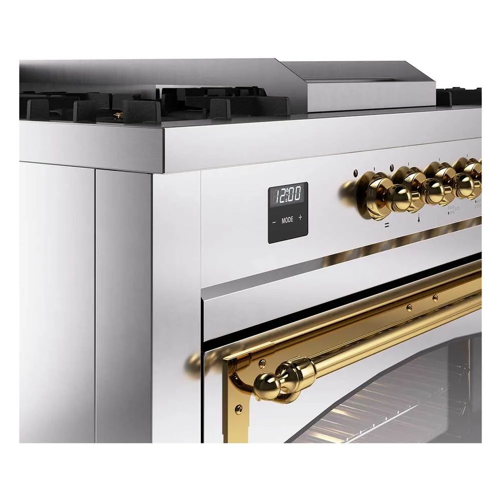 Ilve UN60FSNMPSSGLP Ilve Un60Fsnmpssglp Nostalgie Ii Noblesse 60" Dual Fuel Range (7 Sealed Burners   Griddle   French Top, Liquid Propane, Triple Glass Door, Stainless Steel, Brass)
