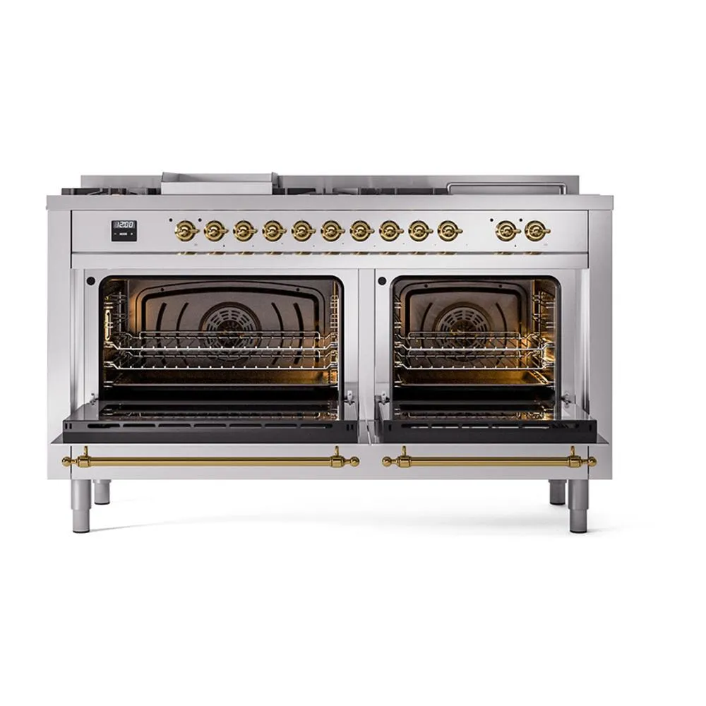 Ilve UN60FSNMPSSGLP Ilve Un60Fsnmpssglp Nostalgie Ii Noblesse 60" Dual Fuel Range (7 Sealed Burners   Griddle   French Top, Liquid Propane, Triple Glass Door, Stainless Steel, Brass)