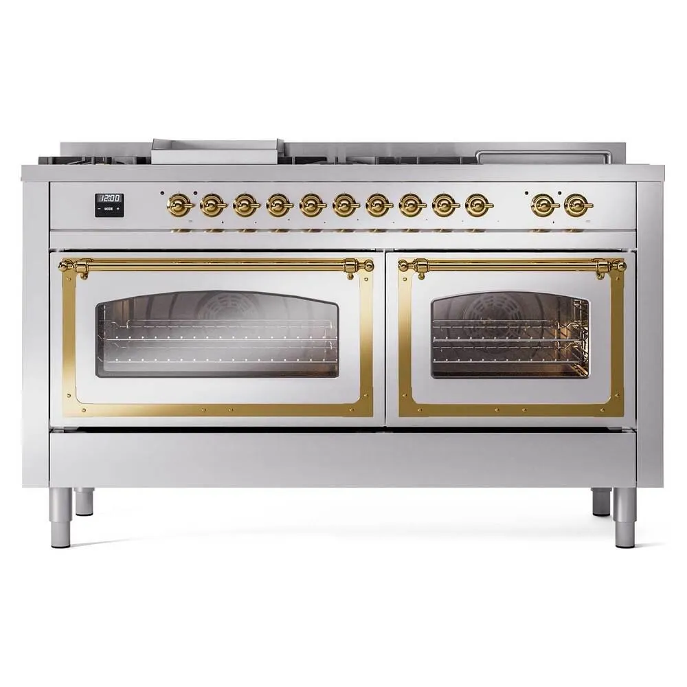 Ilve UN60FSNMPSSGLP Ilve Un60Fsnmpssglp Nostalgie Ii Noblesse 60" Dual Fuel Range (7 Sealed Burners   Griddle   French Top, Liquid Propane, Triple Glass Door, Stainless Steel, Brass)