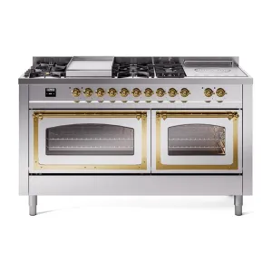 Ilve UN60FSNMPSSGLP Ilve Un60Fsnmpssglp Nostalgie Ii Noblesse 60" Dual Fuel Range (7 Sealed Burners   Griddle   French Top, Liquid Propane, Triple Glass Door, Stainless Steel, Brass) Professional Ranges dual fuel professional range 36 inch