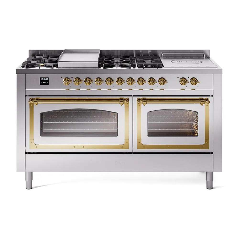 Ilve UN60FSNMPSSGLP Ilve Un60Fsnmpssglp Nostalgie Ii Noblesse 60" Dual Fuel Range (7 Sealed Burners   Griddle   French Top, Liquid Propane, Triple Glass Door, Stainless Steel, Brass) Professional Ranges dual fuel professional range 36 inch