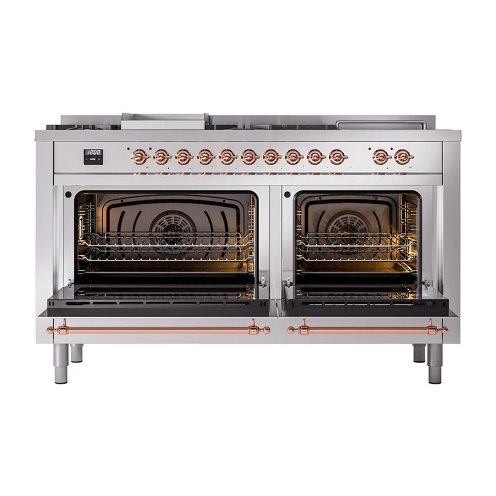 Ilve UN60FSNMPSSP Ilve Un60Fsnmpssp Nostalgie Ii Noblesse 60" Dual Fuel Range (7 Sealed Burners   Griddle   French Top, Natural Gas, Triple Glass Door, Stainless Steel, Copper)