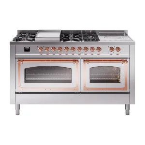 Ilve UN60FSNMPSSP Ilve Un60Fsnmpssp Nostalgie Ii Noblesse 60" Dual Fuel Range (7 Sealed Burners   Griddle   French Top, Natural Gas, Triple Glass Door, Stainless Steel, Copper) Professional Ranges dual fuel professional range 36 inch