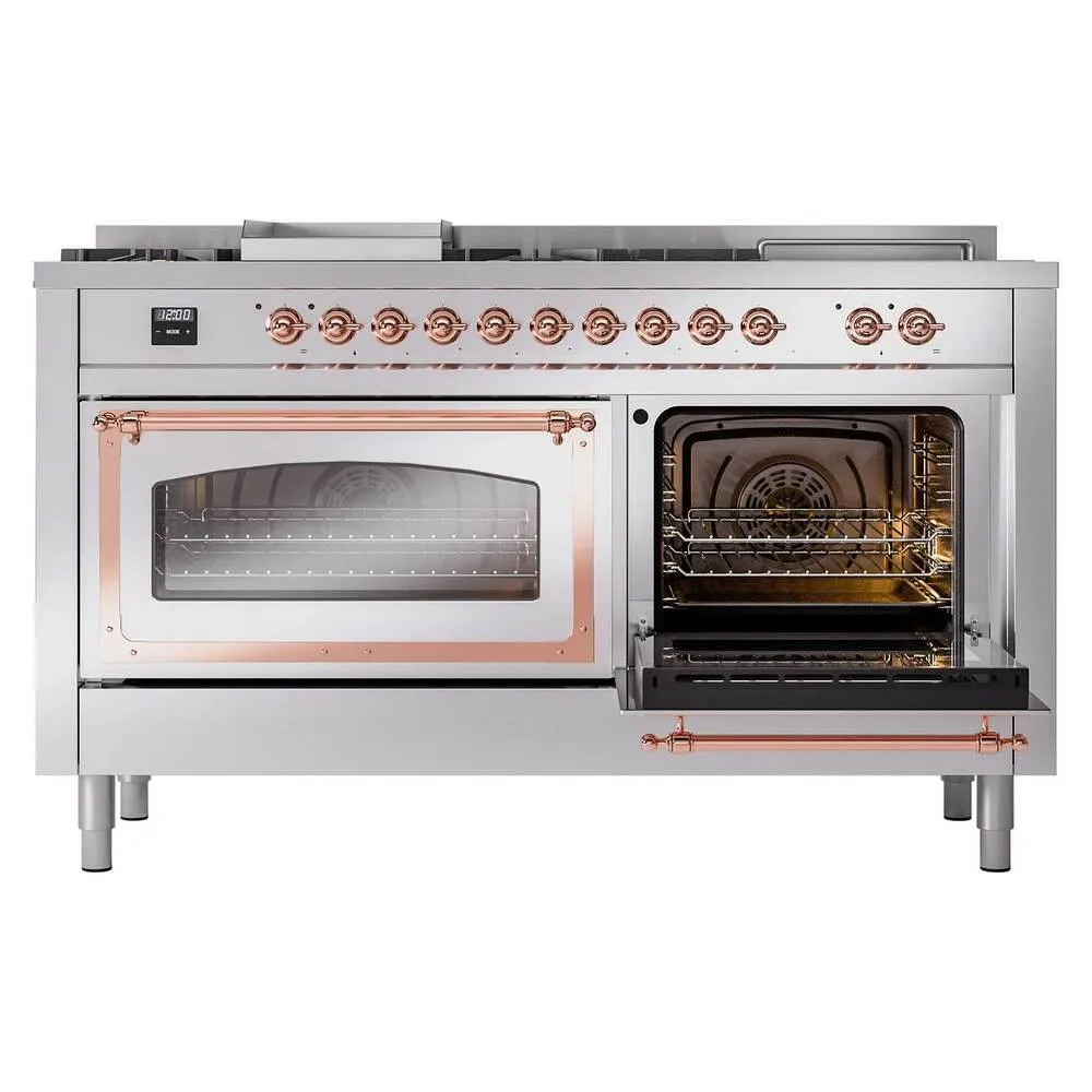 Ilve UN60FSNMPSSP Ilve Un60Fsnmpssp Nostalgie Ii Noblesse 60" Dual Fuel Range (7 Sealed Burners   Griddle   French Top, Natural Gas, Triple Glass Door, Stainless Steel, Copper)