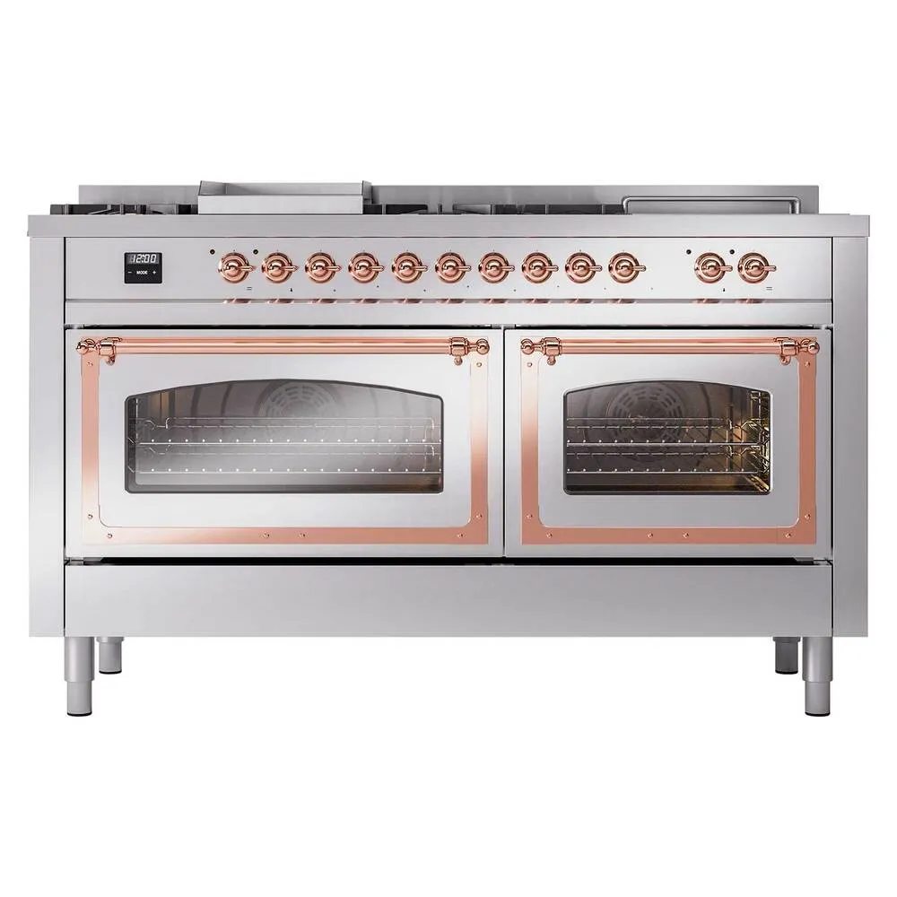 Ilve UN60FSNMPSSP Ilve Un60Fsnmpssp Nostalgie Ii Noblesse 60" Dual Fuel Range (7 Sealed Burners   Griddle   French Top, Natural Gas, Triple Glass Door, Stainless Steel, Copper)