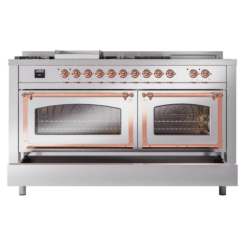 Ilve UN60FSNMPSSP Ilve Un60Fsnmpssp Nostalgie Ii Noblesse 60" Dual Fuel Range (7 Sealed Burners   Griddle   French Top, Natural Gas, Triple Glass Door, Stainless Steel, Copper)
