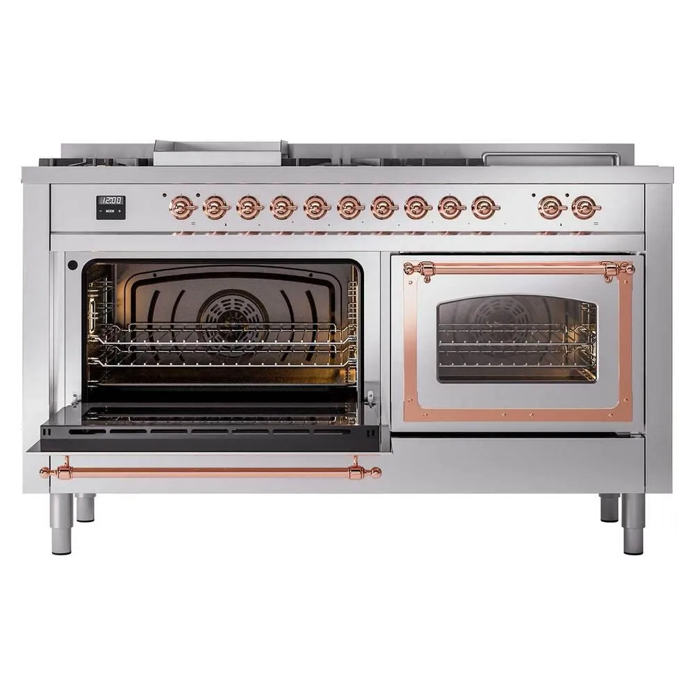 Ilve UN60FSNMPSSP Ilve Un60Fsnmpssp Nostalgie Ii Noblesse 60" Dual Fuel Range (7 Sealed Burners   Griddle   French Top, Natural Gas, Triple Glass Door, Stainless Steel, Copper)