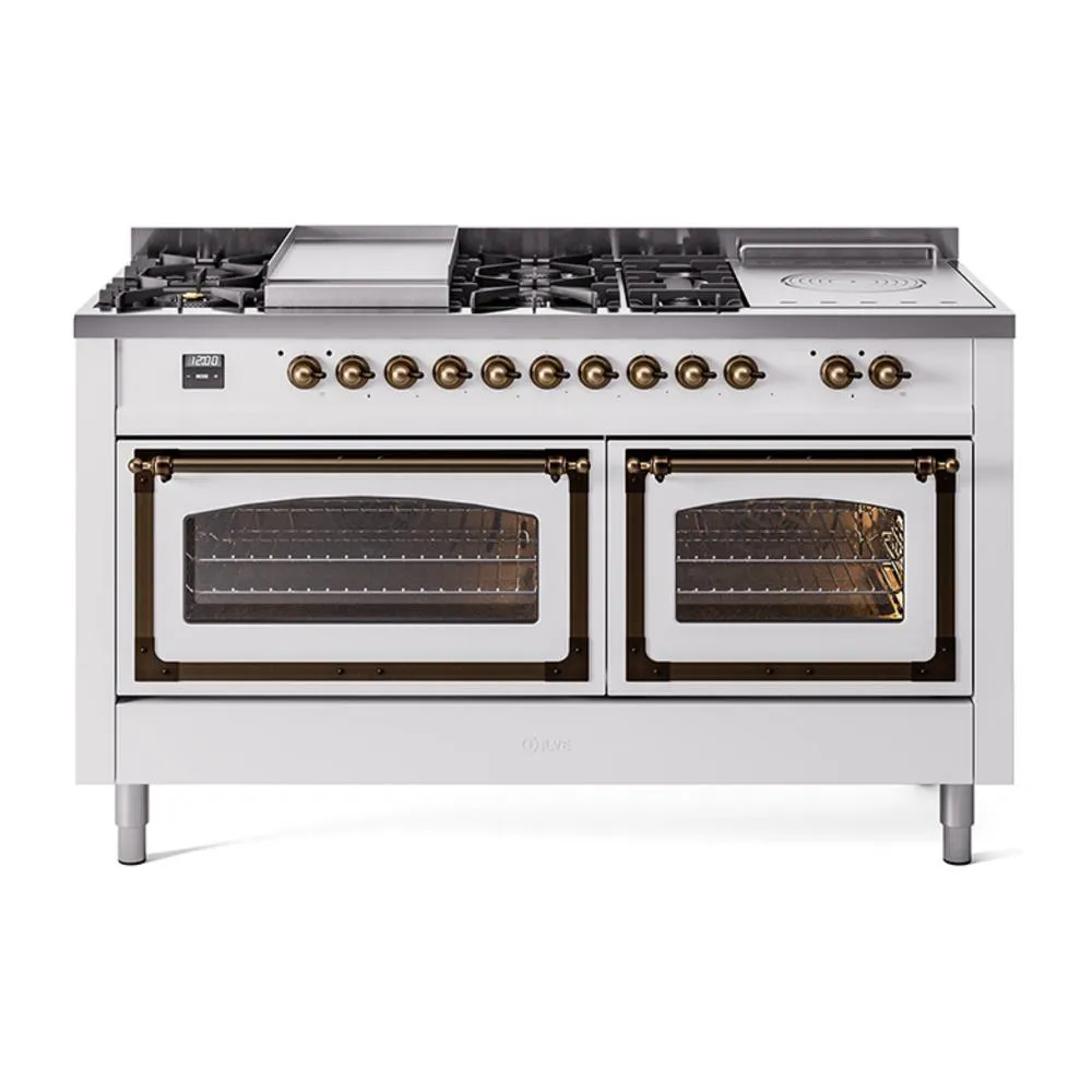 Ilve UN60FSNMPWHBLP Ilve Un60Fsnmpwhblp Nostalgie Ii Noblesse 60" Dual Fuel Range (7 Sealed Burners   Griddle   French Top, Liquid Propane, Triple Glass Door, White, Burnished) Professional Ranges dual fuel professional range 36 inch