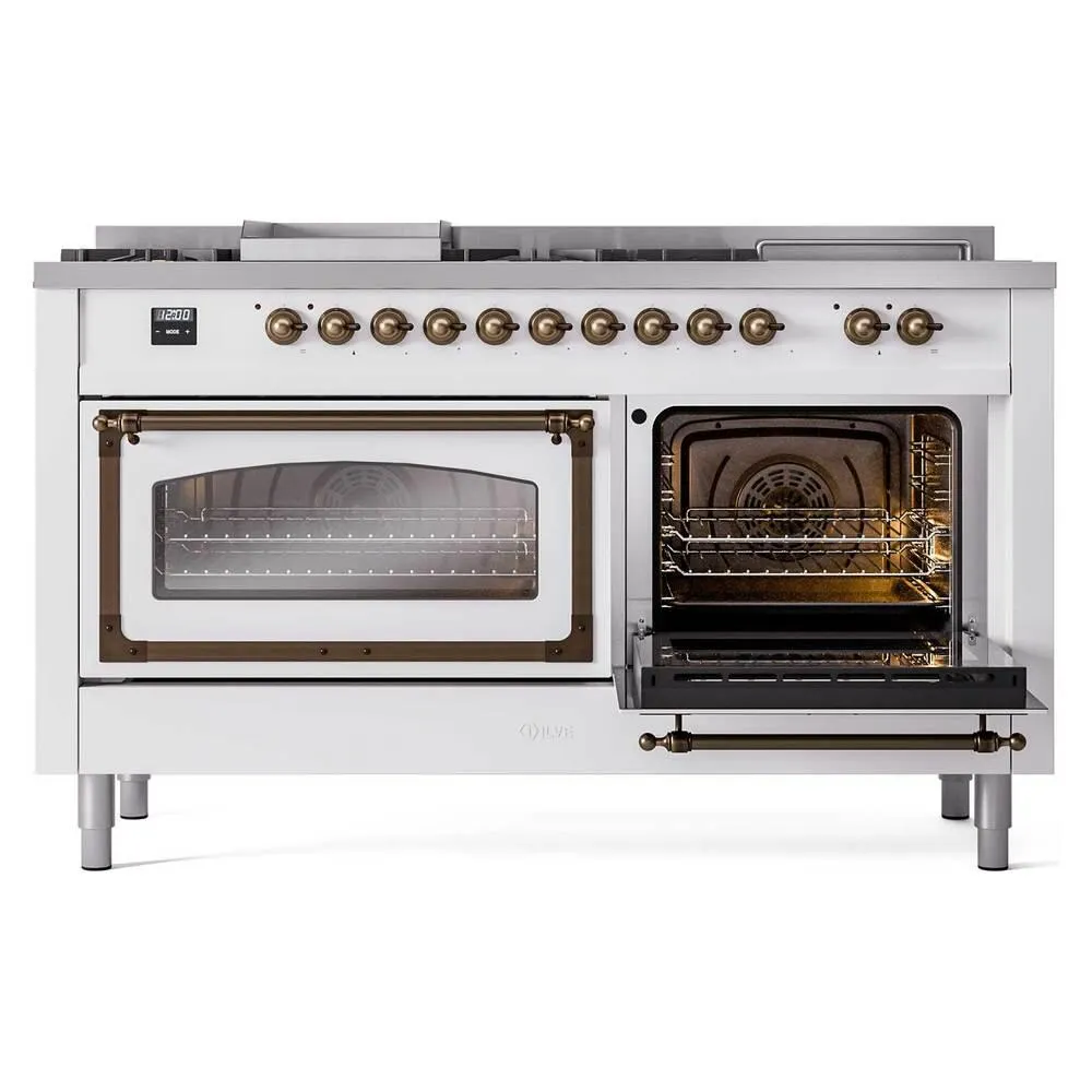 Ilve UN60FSNMPWHBLP Ilve Un60Fsnmpwhblp Nostalgie Ii Noblesse 60" Dual Fuel Range (7 Sealed Burners   Griddle   French Top, Liquid Propane, Triple Glass Door, White, Burnished)