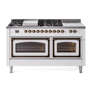 Ilve UN60FSNMPWHBLP Ilve Un60Fsnmpwhblp Nostalgie Ii Noblesse 60" Dual Fuel Range (7 Sealed Burners   Griddle   French Top, Liquid Propane, Triple Glass Door, White, Burnished) Professional Ranges dual fuel professional range 36 inch