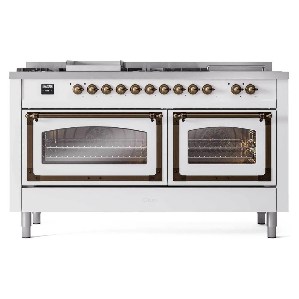 Ilve UN60FSNMPWHBLP Ilve Un60Fsnmpwhblp Nostalgie Ii Noblesse 60" Dual Fuel Range (7 Sealed Burners   Griddle   French Top, Liquid Propane, Triple Glass Door, White, Burnished)