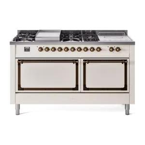 Ilve UN60FSQNMPAWB Ilve Un60Fsqnmpawb Nostalgie Ii Noblesse 60" Dual Fuel Range (7 Sealed Burners   Griddle   French Top, Natural Gas, Solid Door, Antique White, Burnished) Professional Ranges dual fuel professional range 36 inch
