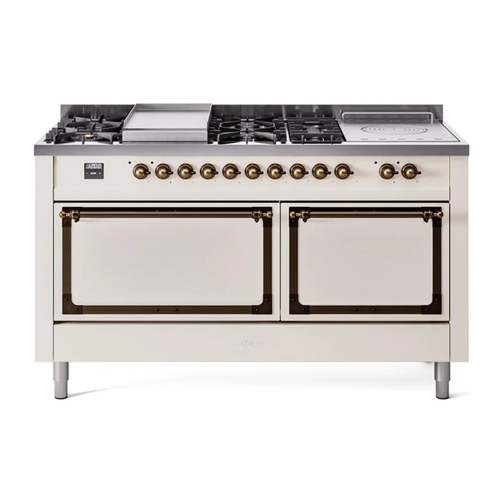 Ilve UN60FSQNMPAWB Ilve Un60Fsqnmpawb Nostalgie Ii Noblesse 60" Dual Fuel Range (7 Sealed Burners   Griddle   French Top, Natural Gas, Solid Door, Antique White, Burnished) Professional Ranges dual fuel professional range 36 inch