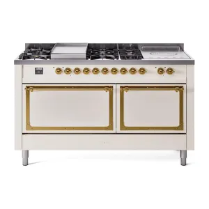 Ilve UN60FSQNMPAWGLP Ilve Un60Fsqnmpawglp Nostalgie Ii Noblesse 60" Dual Fuel Range (7 Sealed Burners   Griddle   French Top, Liquid Propane, Solid Door, Antique White, Brass) Professional Ranges dual fuel professional range 36 inch