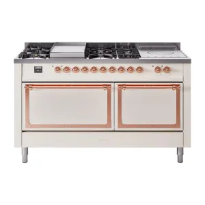 Ilve UN60FSQNMPAWPLP Ilve Un60Fsqnmpawplp Nostalgie Ii Noblesse 60" Dual Fuel Range (7 Sealed Burners   Griddle   French Top, Liquid Propane, Solid Door, Antique White, Copper) Professional Ranges dual fuel professional range 36 inch