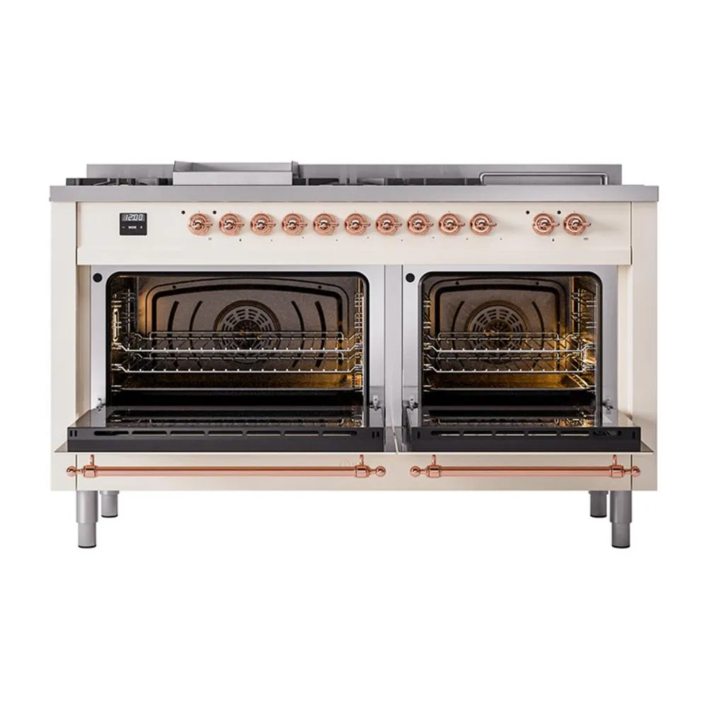 Ilve UN60FSQNMPAWPLP Ilve Un60Fsqnmpawplp Nostalgie Ii Noblesse 60" Dual Fuel Range (7 Sealed Burners   Griddle   French Top, Liquid Propane, Solid Door, Antique White, Copper)
